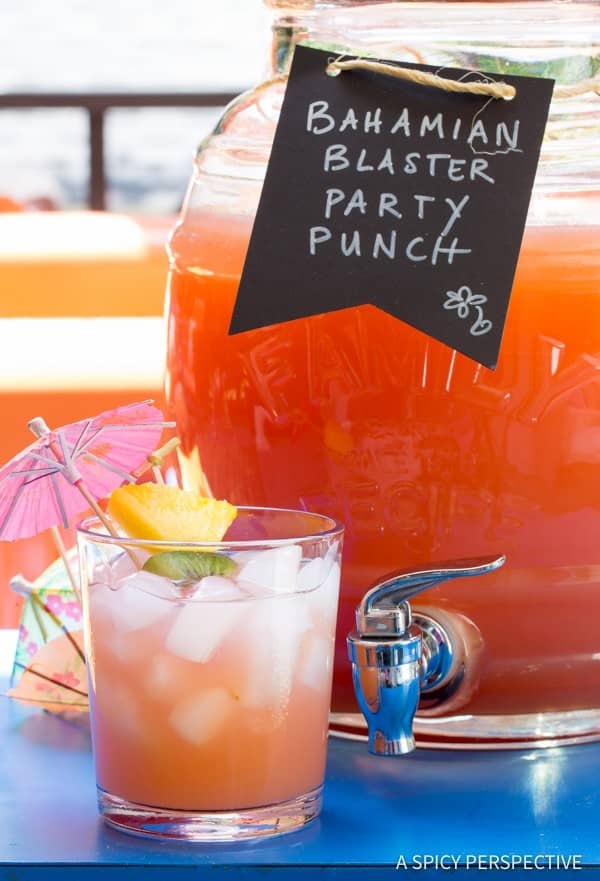 Bahamian-blaster-party-punch. A party isn't a party without some crowd pleasing cocktails. Save your sanity at your next party by having a few of these make-ahead big batch cocktails mixed and ready to serve. Click here to check out these delicious big batch cocktail recipes now.