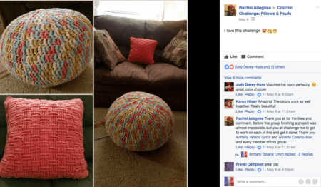 crochet multi-coloured pouf and basketweave pillow