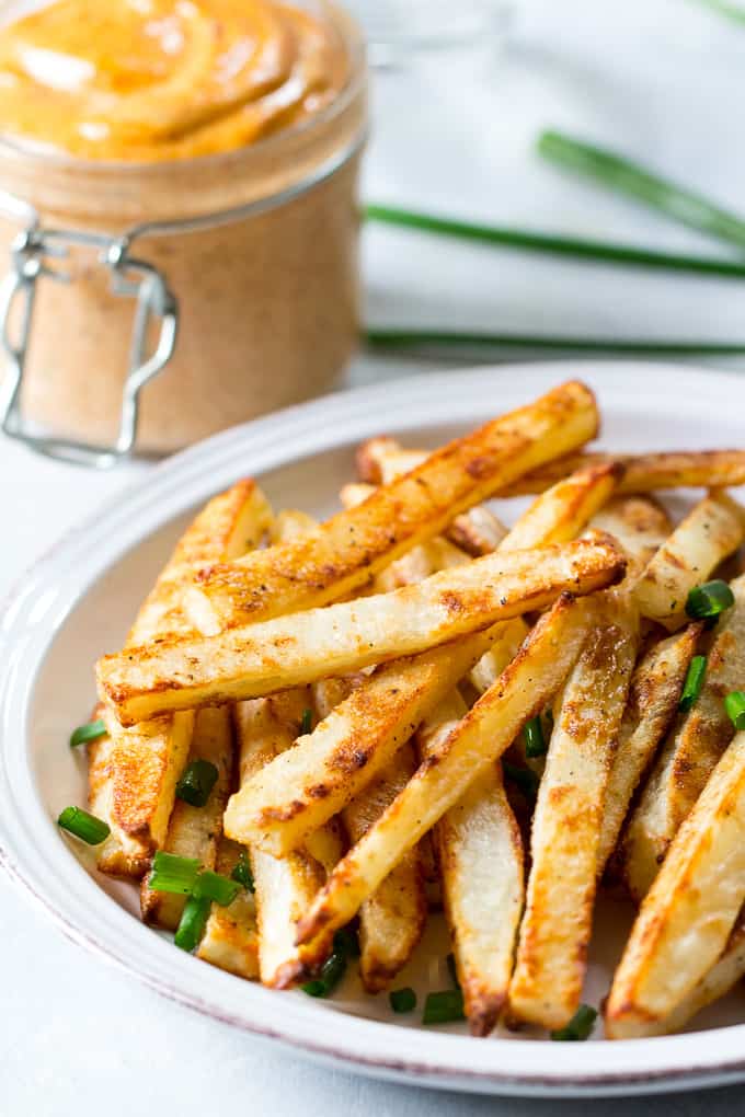 baked french fries with chipotle ranch dip - whole 30 snacks