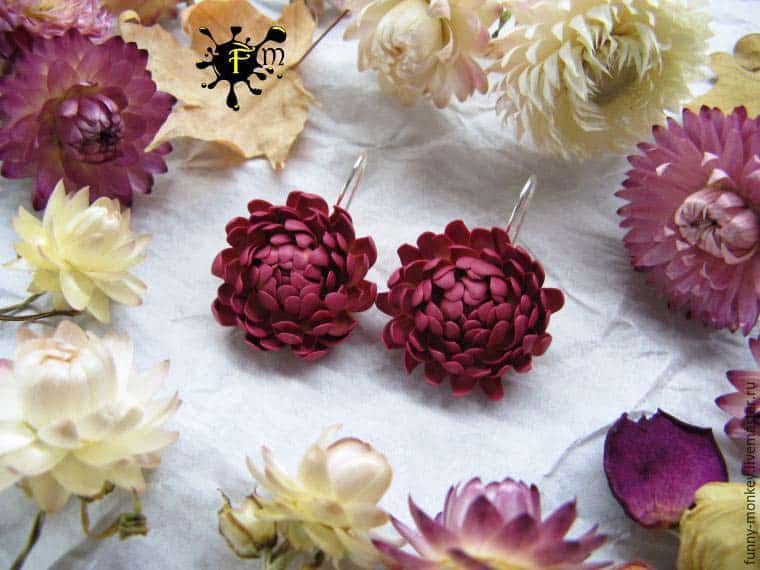 clay polymer Helichrysum flower earrings jewelry