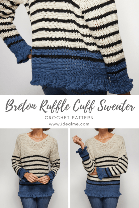 If you’re looking for an adorable classic sweater, look no further than the Breton Ruffle Cuff Sweater! #crochetpattern #crochettop #crochetsweater #crochetlove #crochetaddict