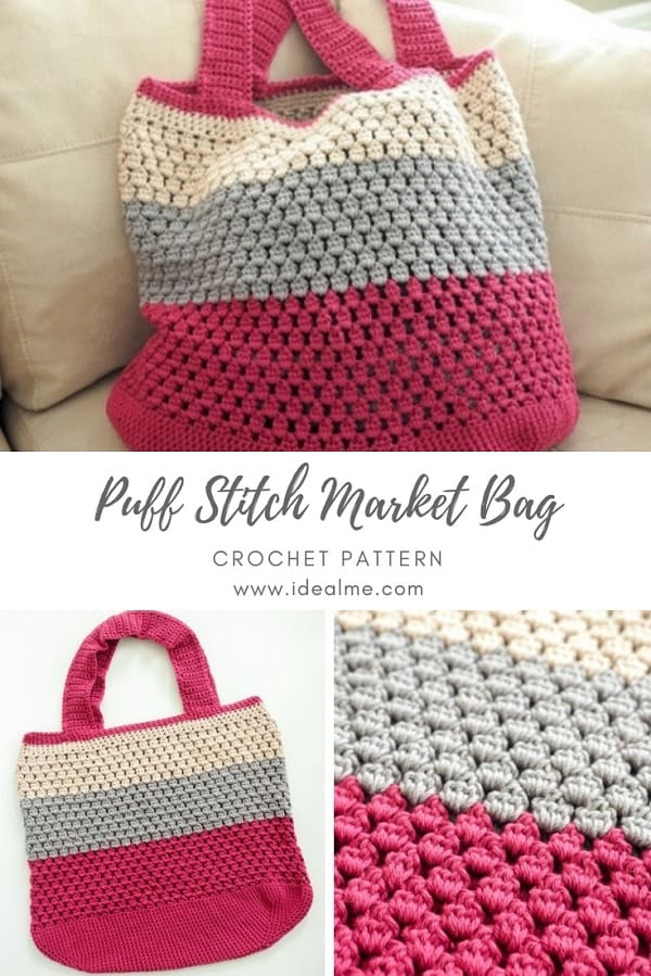 This crochet market bag pattern is beautiful with the puff stitch. Take this crochet bag everywhere with you. It can hold anything, and it looks great. #CrochetPuffStitch #CrochetBag #CrochetPattern #CrochetMarketBag
