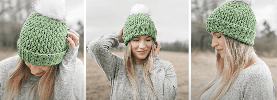 Woman wearing country cottage beanie crochet