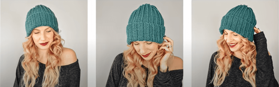 Woman wearing crochet breezy ribbed beanie