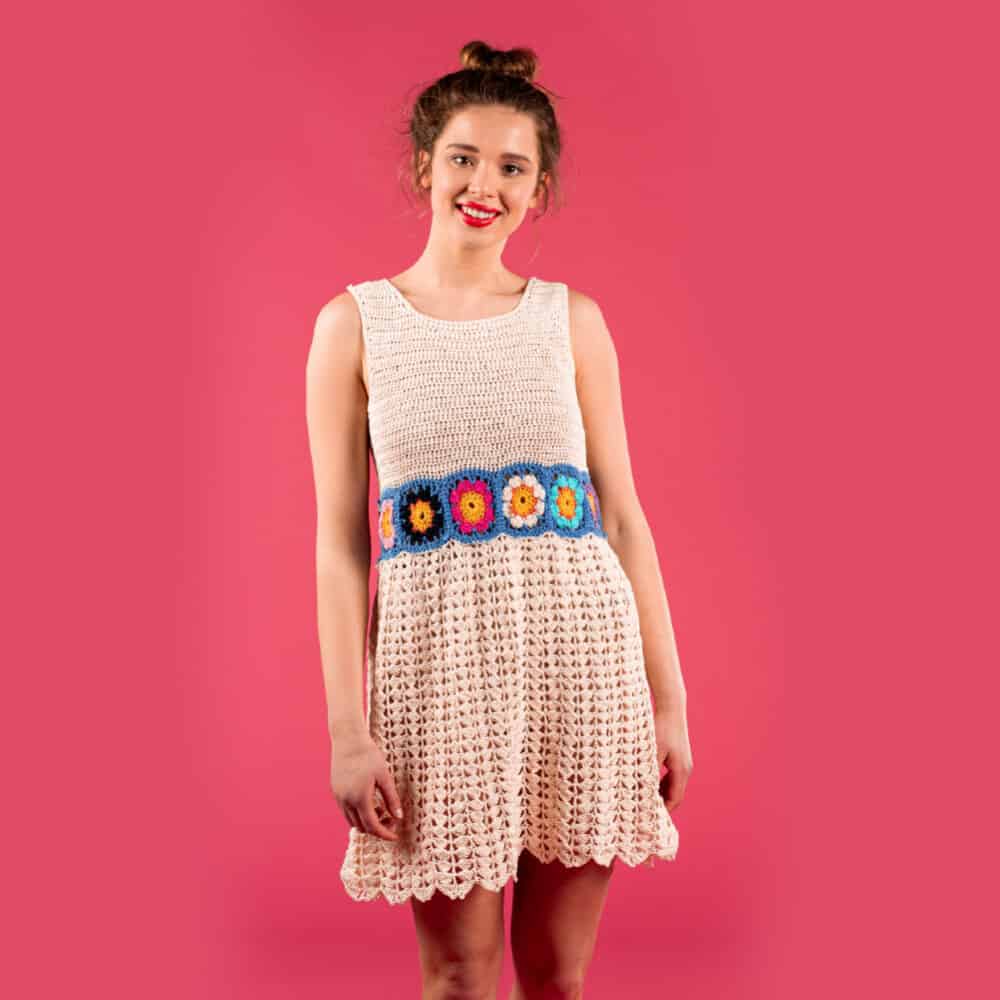 woman wearing a crochet dress with granny squares