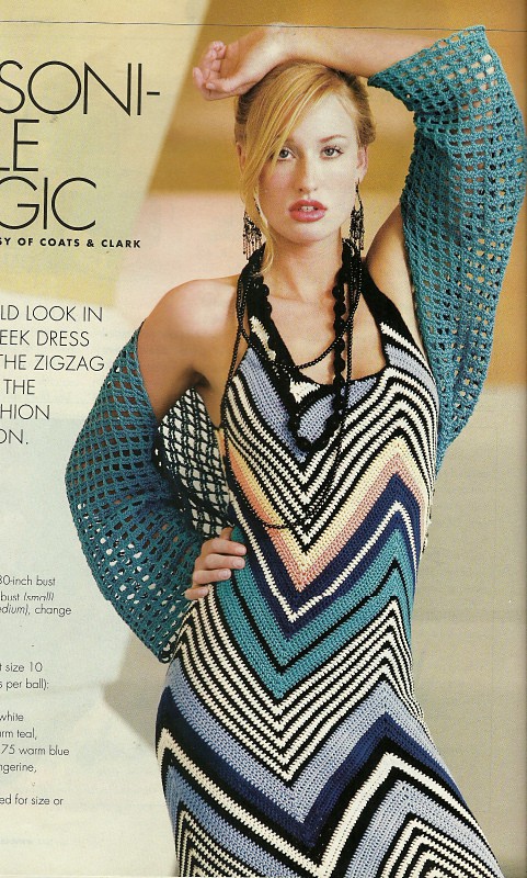 woman wearing a crochet dress with zig-zag design