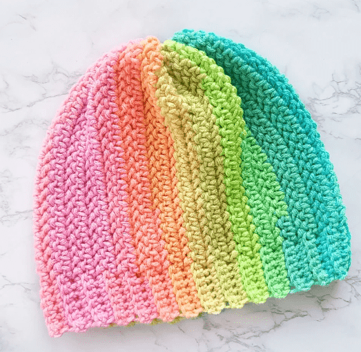 Crochet neon rainbow striped beanie hat