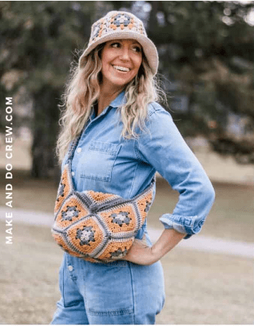 a woman wearing the Crochet Granny Square Bag