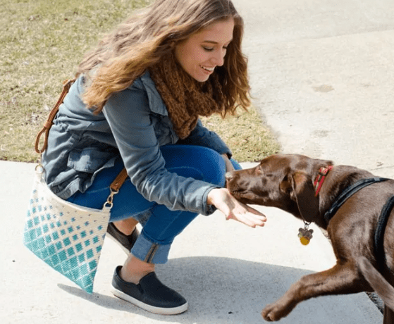A woman petting a dog while wearing the Titan Tapestry Crochet Bag