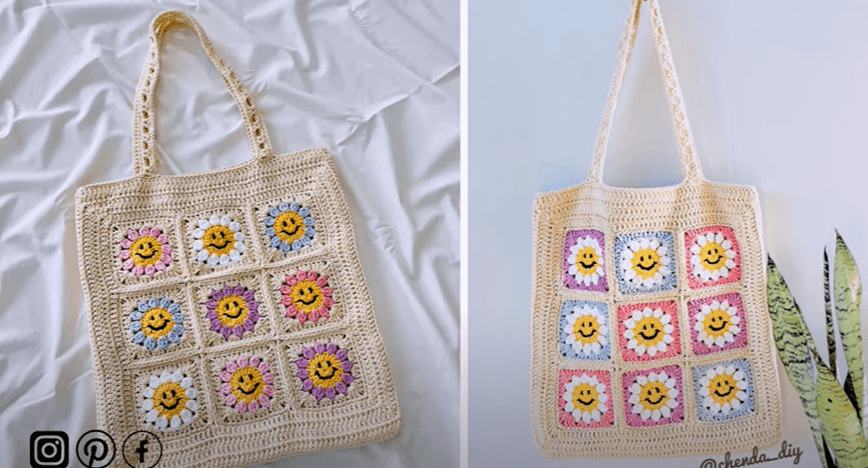 Crochet Daisy Smile Tote Bag