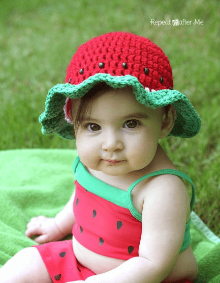A baby wearing a Crochet Watermelon Sun Hat 