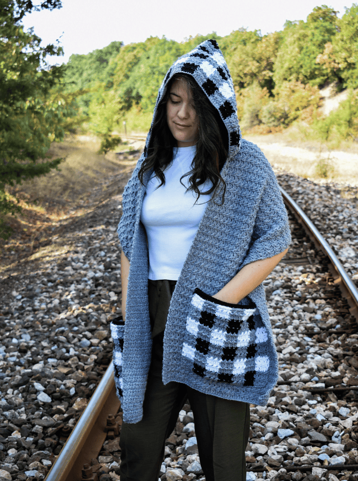 Crochet Checkmate Pocket Scarf with Hood