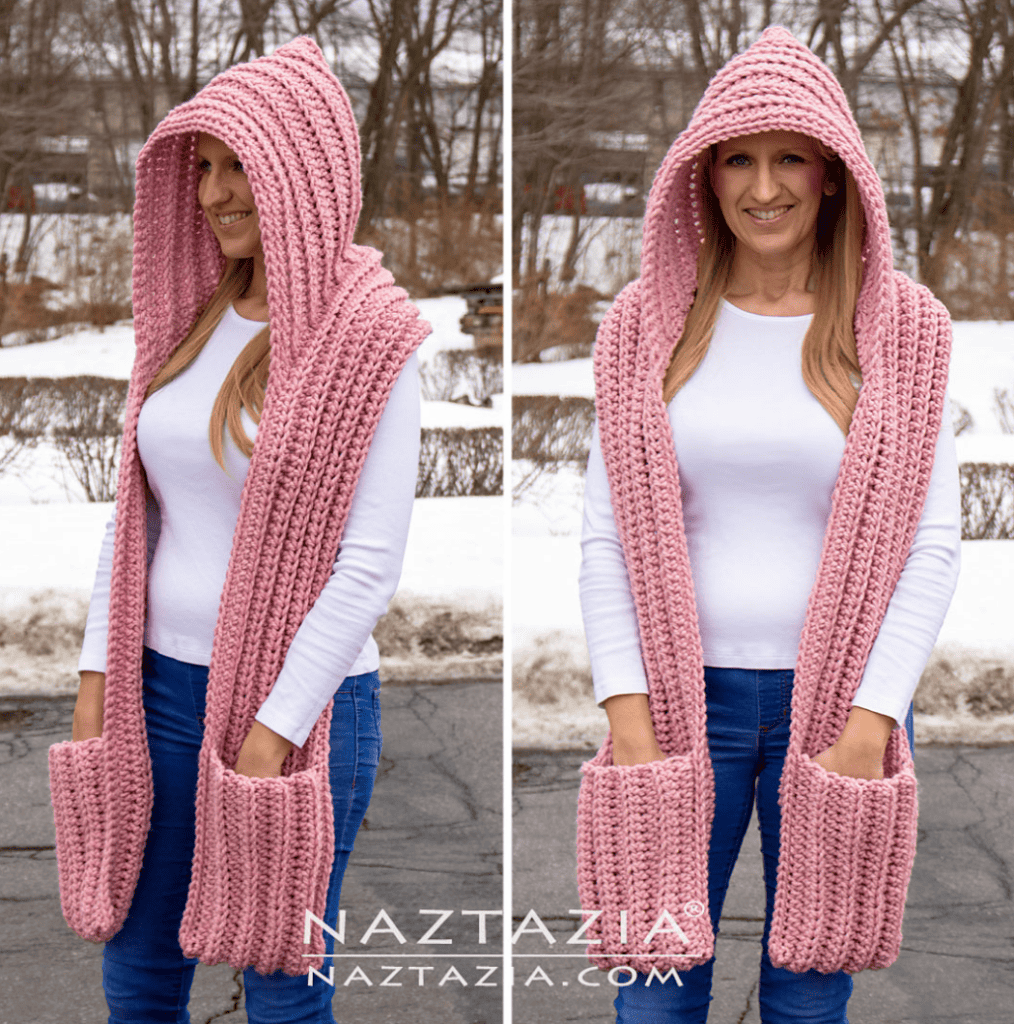 Crochet Hooded Scarf with Pockets 