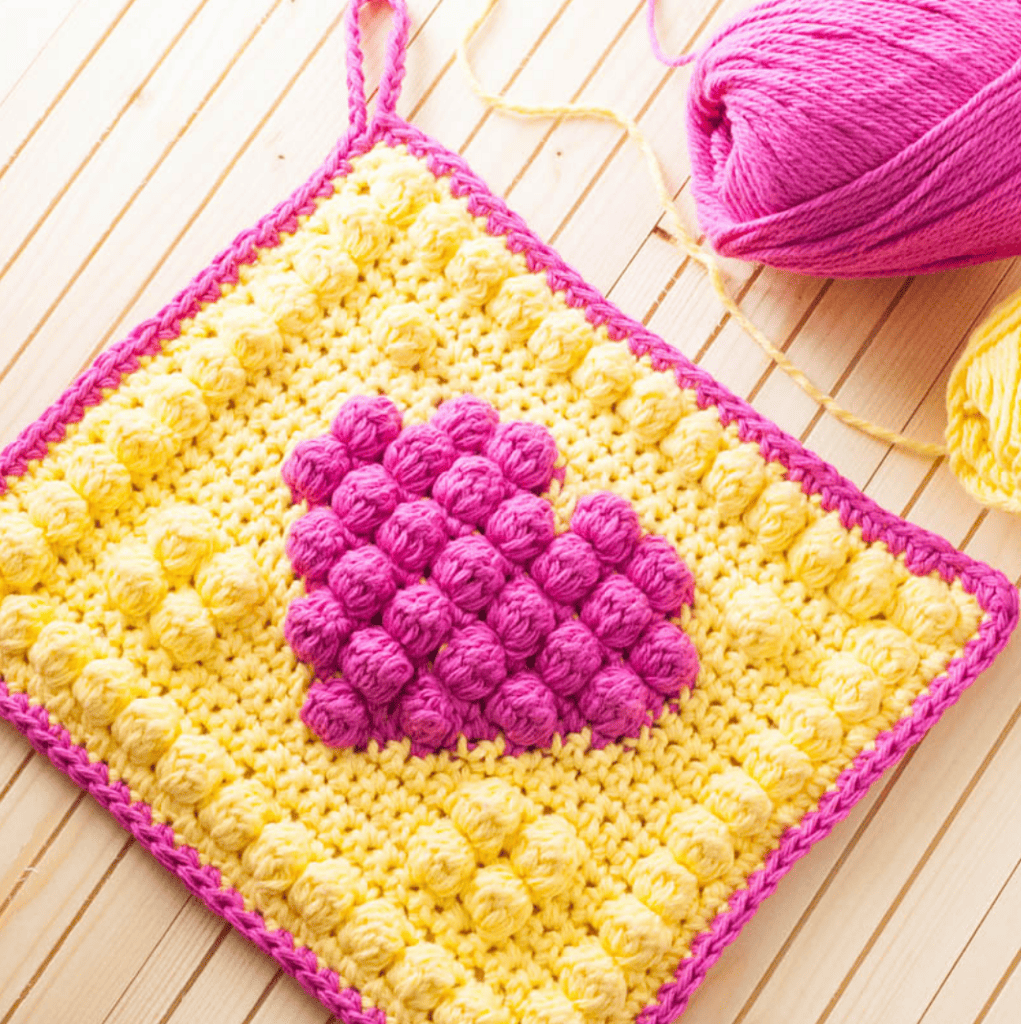 Crochet Bobble Heart Potholder
