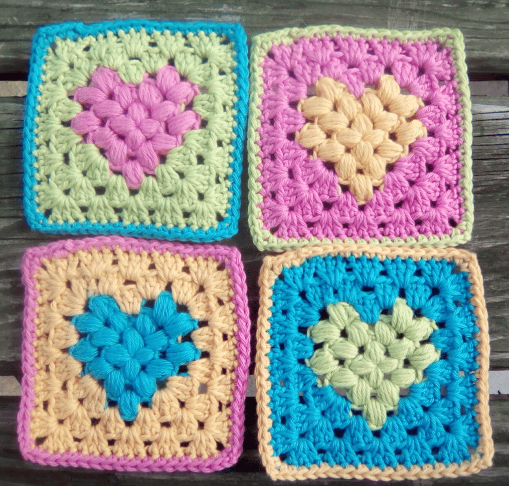 Crochet Puff Heart Granny Square