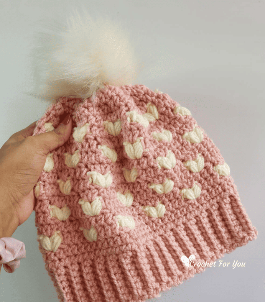 Puff Hearts Crochet Beanie